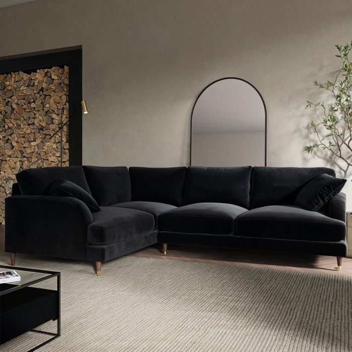 GRADE A2 - Black Velvet 4 Seater Left Hand Corner Sofa - Payton