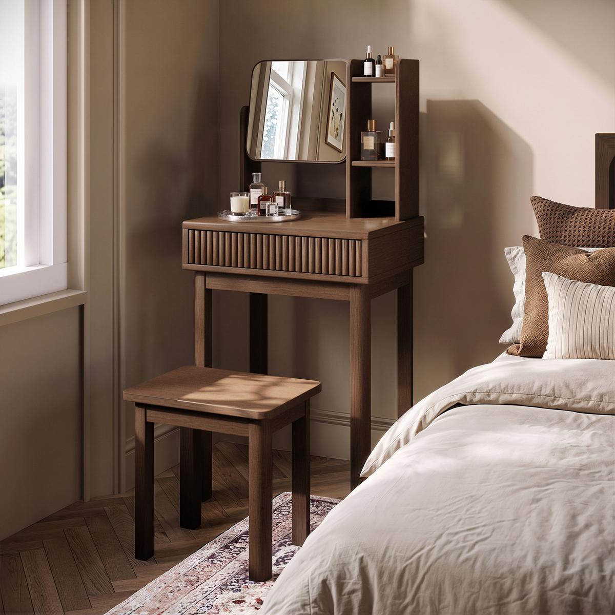 Walnut Dressing Table With Mirror and Matching Stool - Sawyer 
