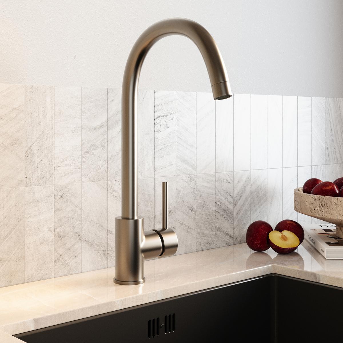 Nickel Single Lever Monobloc Kitchen Mixer Tap - Enza Tamara