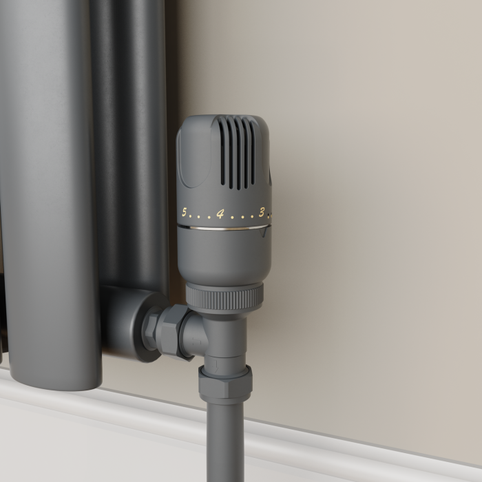 Refurbished - Elego Anthracite Gray Modern TRV Angled Thermostatic Radiator Valves With Lockshield