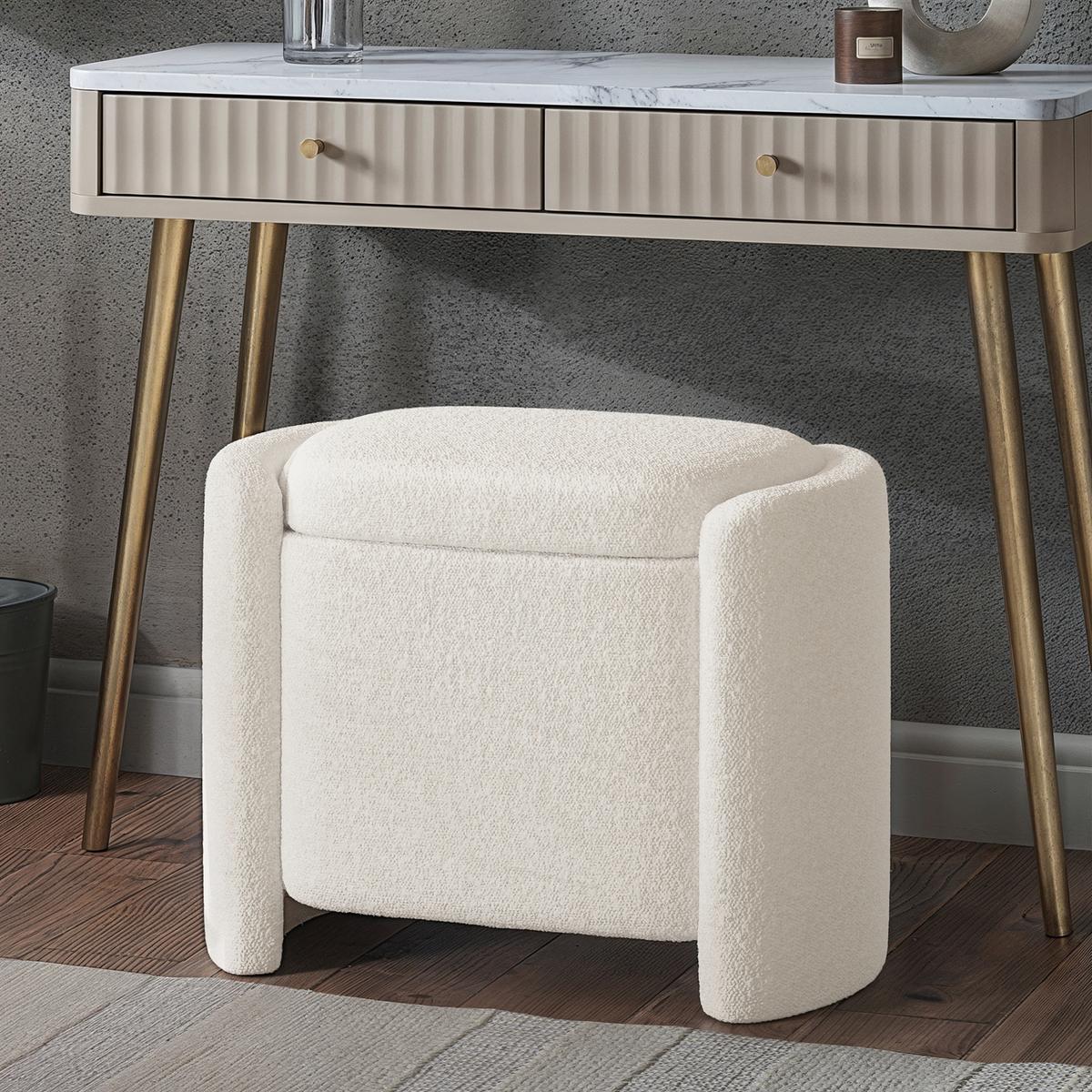 ONLY OPENED - Off-White Boucle Dressing Table Stool with Ottoman Storage - Taryn