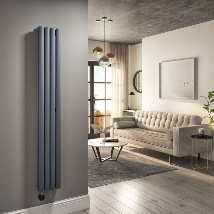 Refurbished Anthracite Electric Vertical Designer Radiator 1.2kW with Wifi Thermostat - Double Panel H1600xW236mm - IPX4 Bathroom Safe