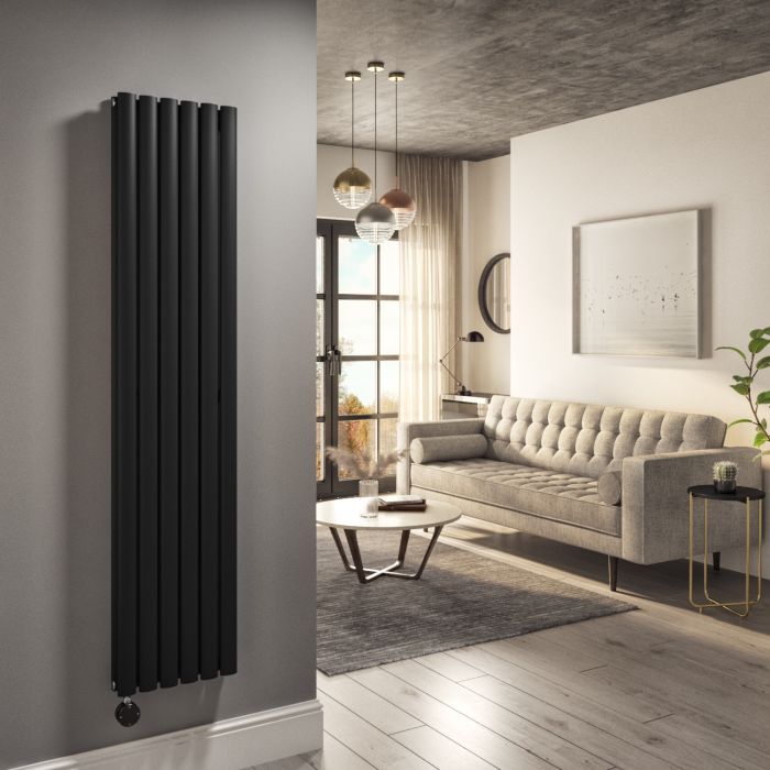 Midnight Black Electric Vertical Designer Radiator 1.2kW with Wifi Thermostat - Double Panel H1600xW354mm - IPX4 Bathroom Safe