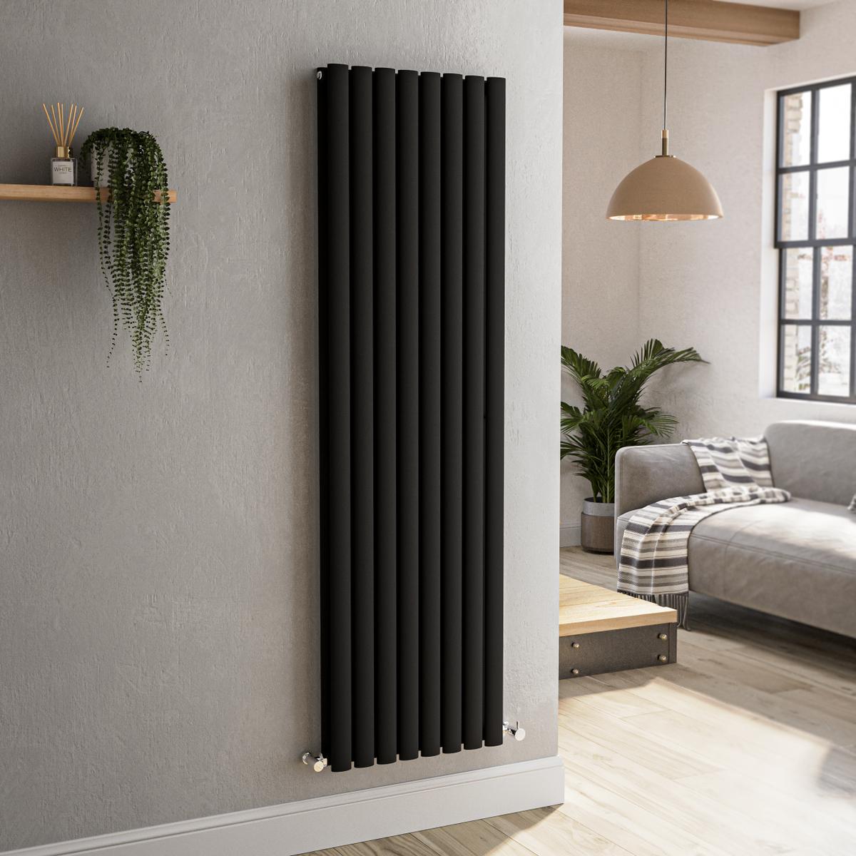 GRADE A1 - Sorrento Midnight Black Vertical Oval Designer Radiator 1600x472mm Double Panel 4468 BTU