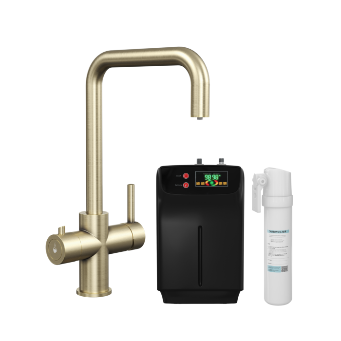 Brass 4 in 1 Instant Boiling Hot Square Kitchen Mixer Tap with 2.4L Boiler and Filter - Pronto Vesta