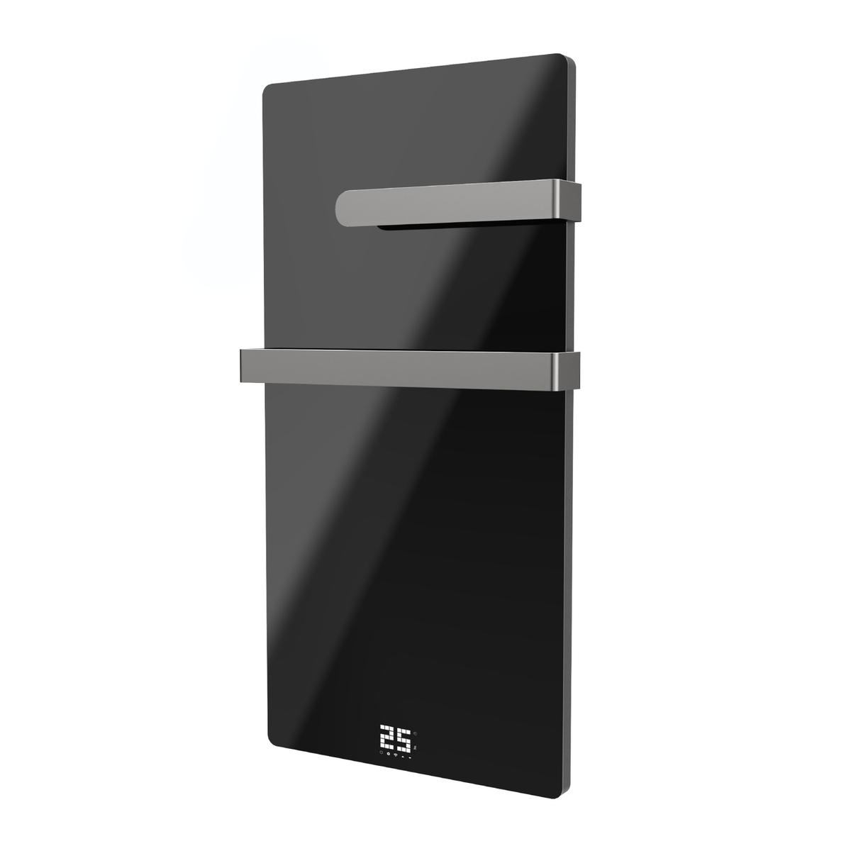 GRADE A2 - 600W Smart Infrared Vertical Black Glass Designer Wall Heater 550x1100mm with Optional Towel Rail - IP24 Bathroom Safe