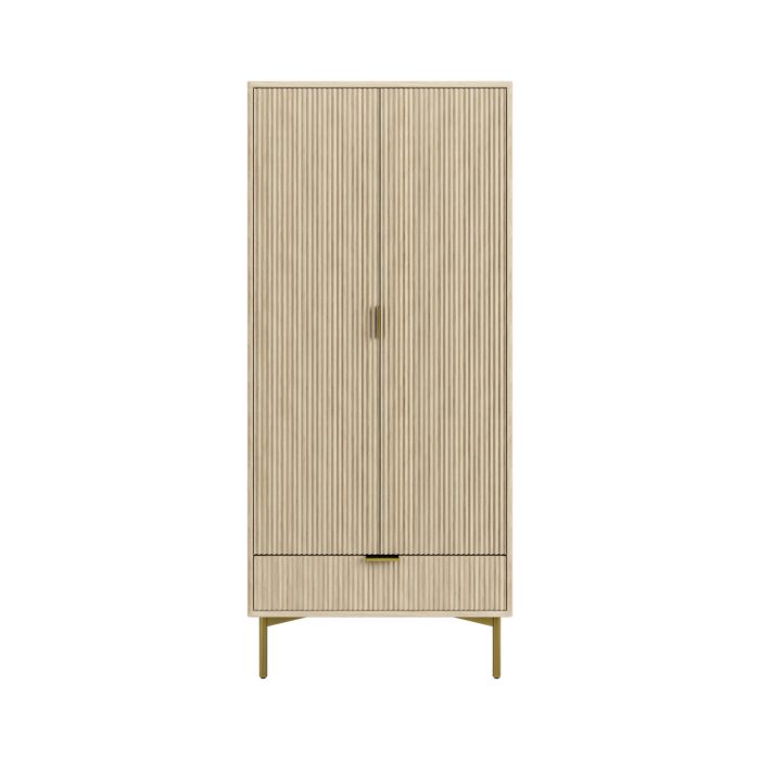 Oak and Gold Ribbed Double Wardrobe With Drawer - Valencia