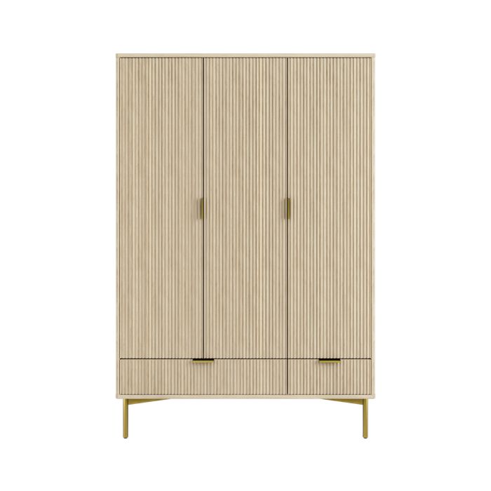 Oak and Gold Ribbed 3 Door Triple Wardrobe with 2 Drawers - Valencia