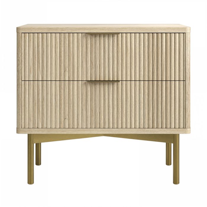 ONLY OPENED - Wide Oak and Gold Ribbed 2 Drawer Bedside Table - Valencia
