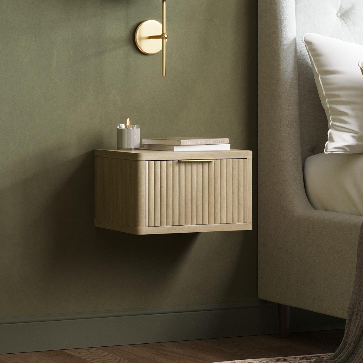 Oak Ribbed Floating Bedside Table with Drawer - Valencia