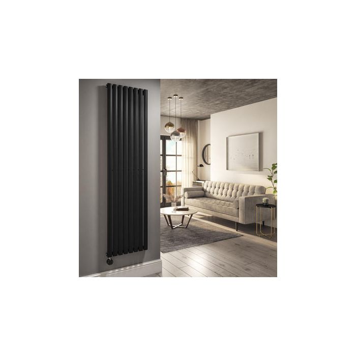 Refurbished Midnight Black Electric Vertical Designer Radiator 2.4kW with Wifi Thermostat - H1800xW472mm - IPX4 Bathroom Safe