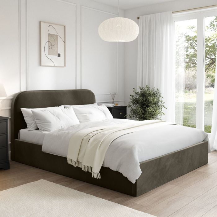 ONLY OPENED - Khaki Green Velvet Upholstered King Size Ottoman Bed with Curved Headboard - Zara