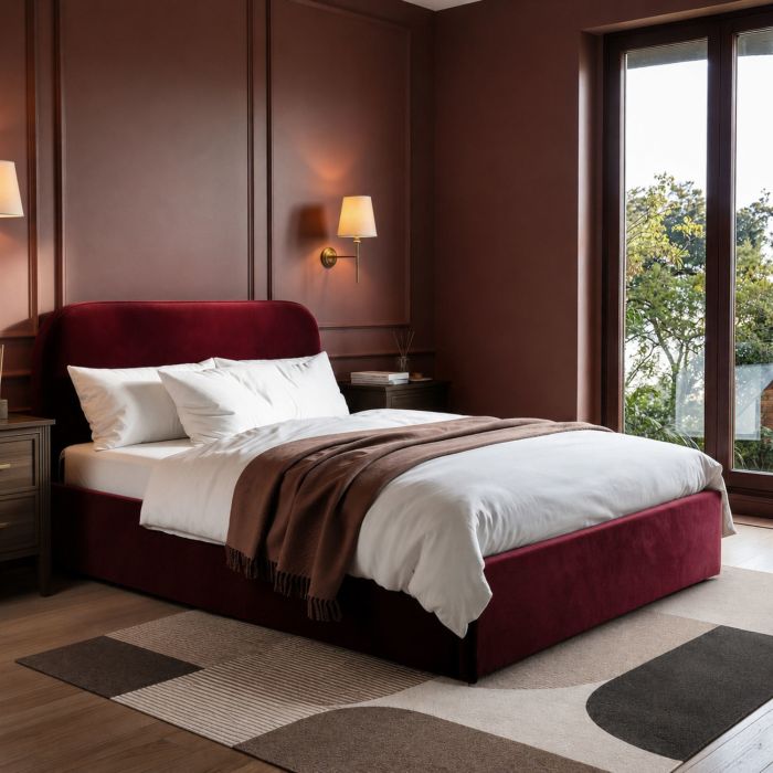 Burgundy Velvet Upholstered Double Ottoman Bed with Curved Headboard - Zara