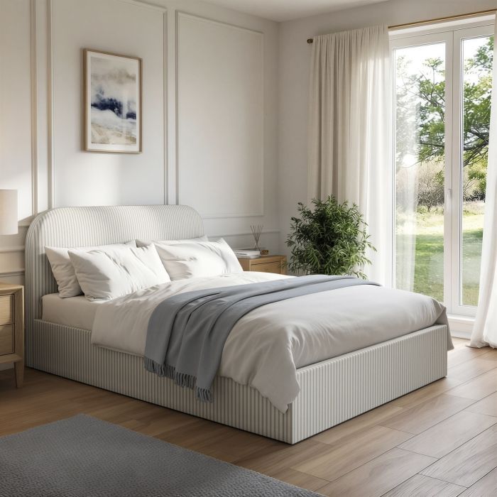 Cream and Grey Striped Double Ottoman Bed With Curved Headboard - Zara