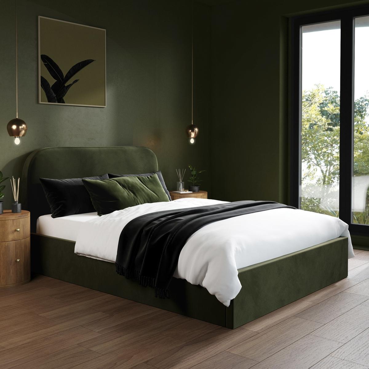 Green Upholstered Double Ottoman Bed with Curved Headboard - Zara