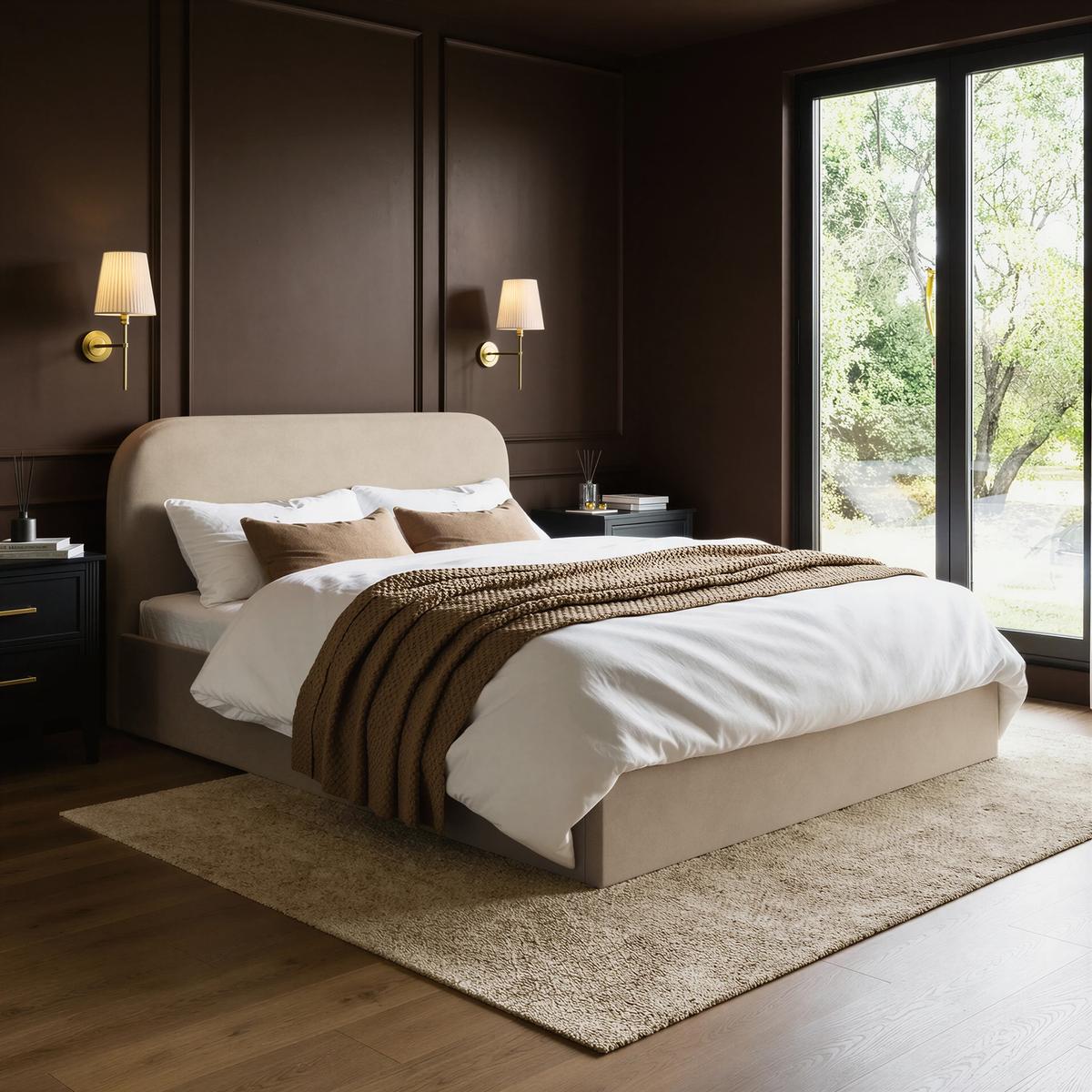 Beige Upholstered Double Ottoman Bed with Curved Headboard - Zara
