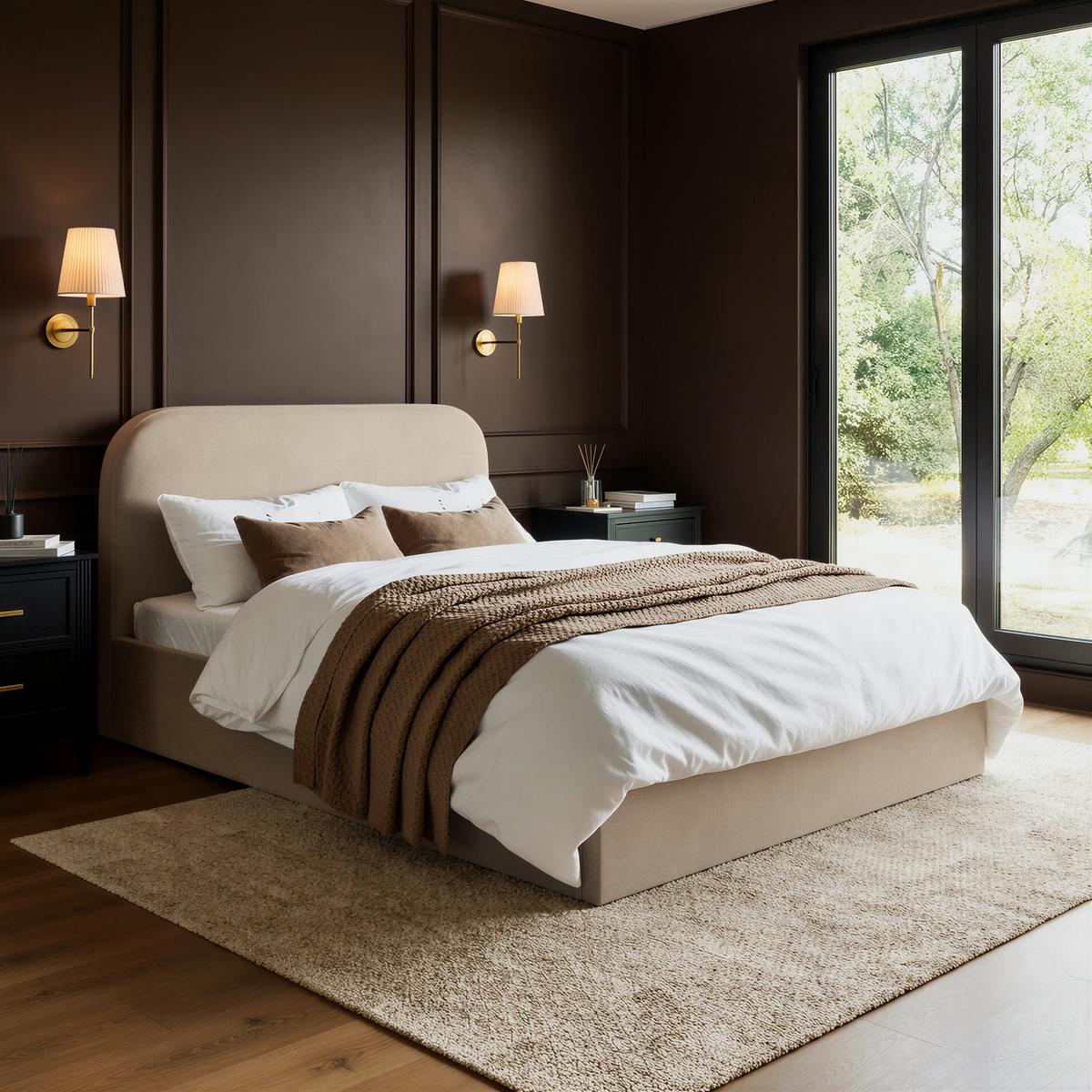 Beige Upholstered Small Double Ottoman Bed with Curved Headboard - Zara