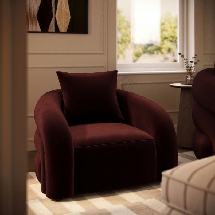 GRADE A2 - Modern Deep Red Velvet Armchair with Cushion - Zuri