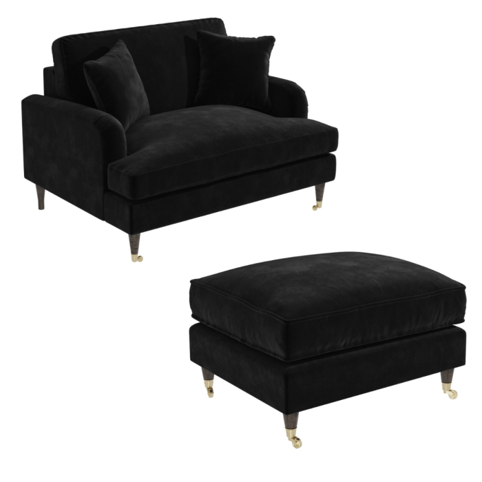 Black Velvet Love Seat and Footstool- Payton