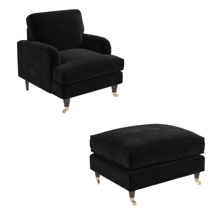 Black Velvet Armchair and Footstool - Payton