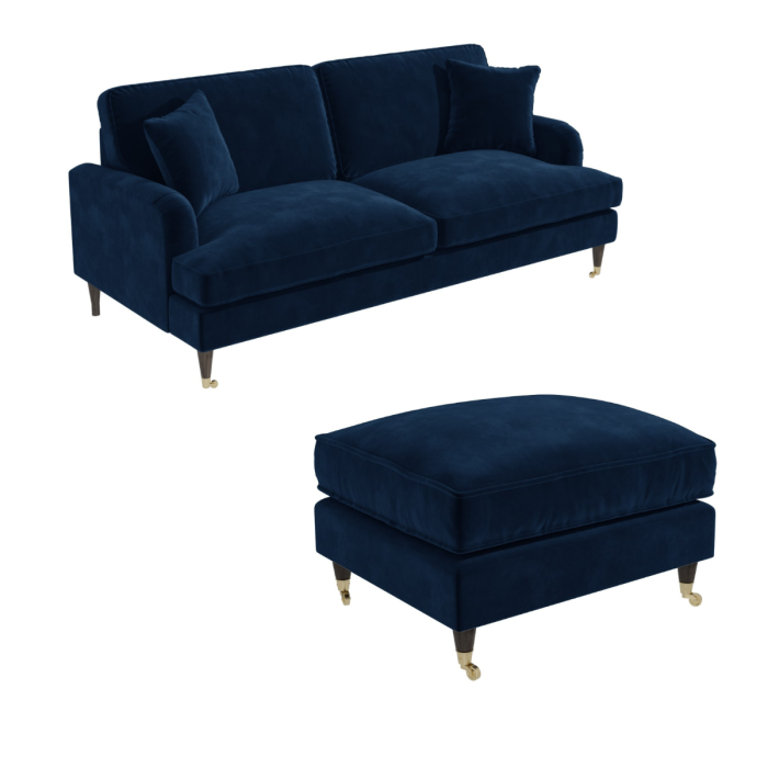 Navy Velvet Sofa and Footstool Set - Payton