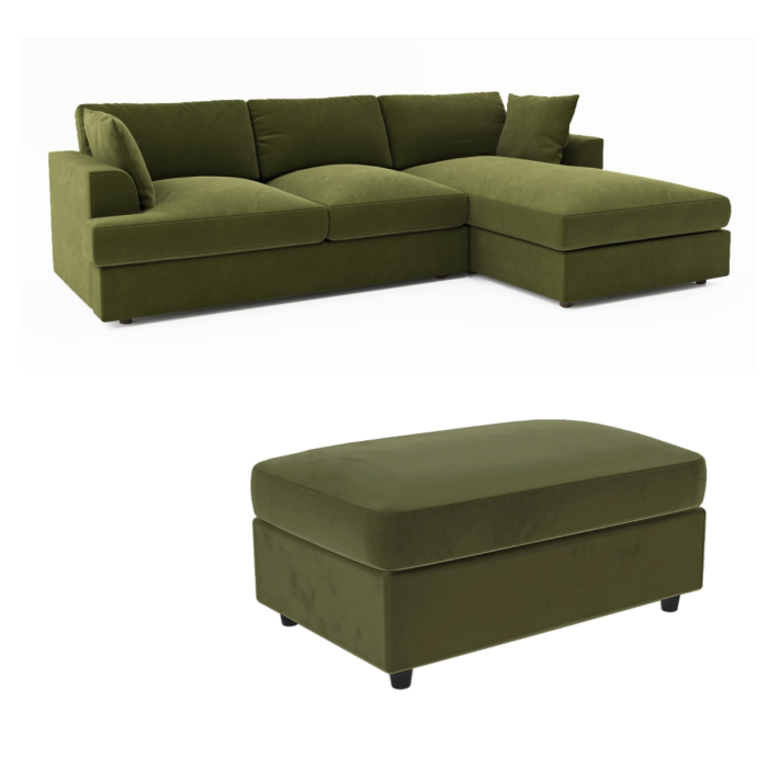 Right Hand Chaise Corner Sofa and Footstool Set in Green Velvet - August