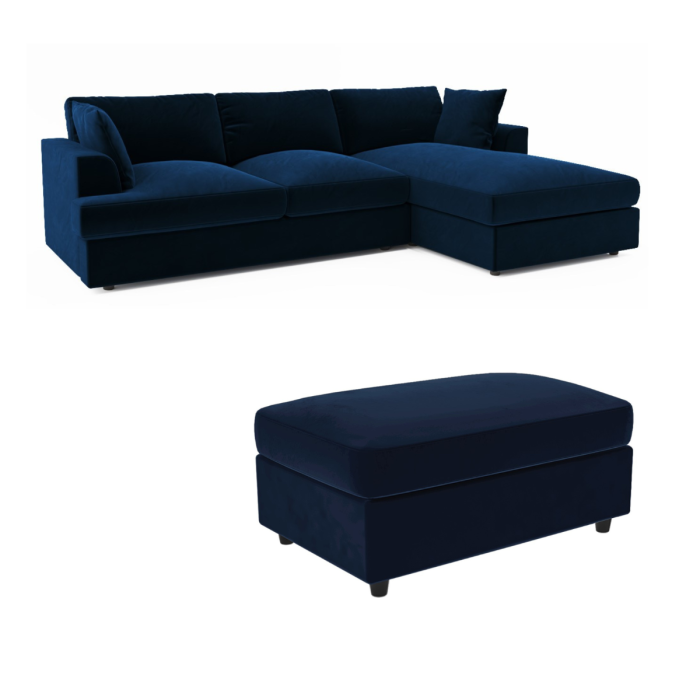 Right Hand Chaise Corner Sofa and Footstool Set in Navy Velvet- August