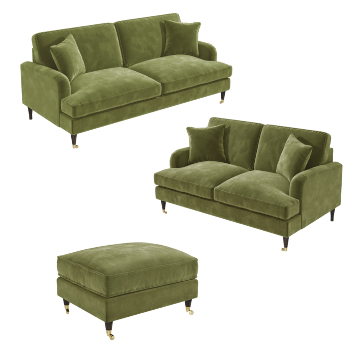 Olive Green Velvet 2 Sofas and Footstool - Payton