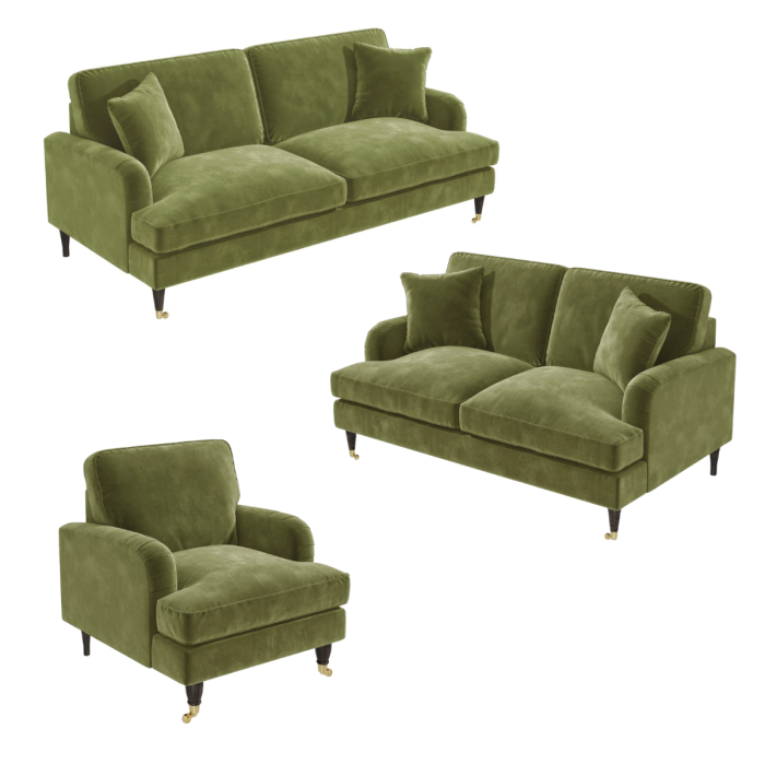 Olive Green Velvet 3 Piece Sofa Set - Payton