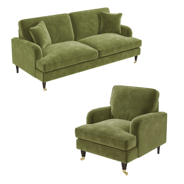 Olive Green Velvet 3 Piece Sofa Set - Payton
