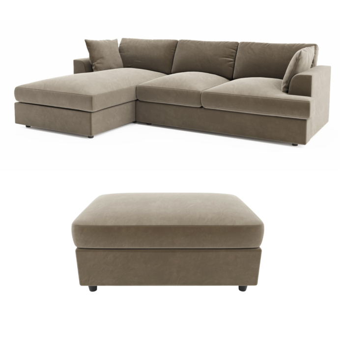 Left Hand Chaise Corner Sofa and Footstool Set in Mink Velvet - August