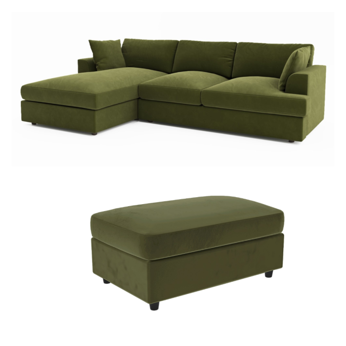 Left Hand Chaise Corner Sofa and Footstool Set in Green Velvet - August