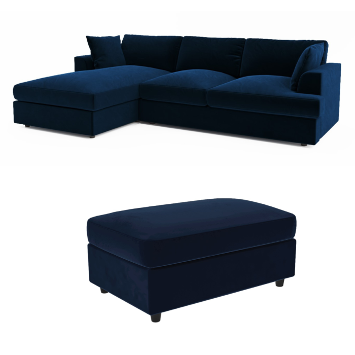 Left Hand Corner Sofa and Footstool Set in Navy Velvet - August