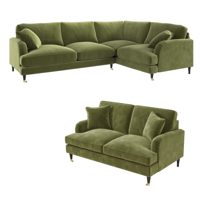 Olive Green Velvet 4 Seater Right Hand Corner and 2 Seater Sofa Set - Payton