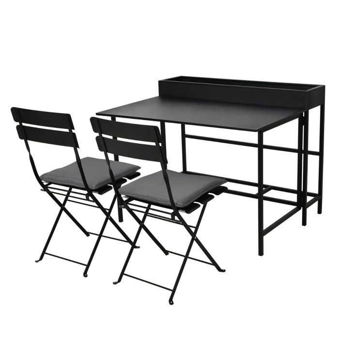 Black Space-Saving Balcony Bistro Set with Folding Chairs & Planter Box