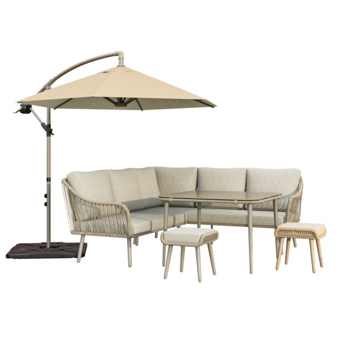 7 Seater Beige Rope Effect Garden Corner Sofa & Dining Table Set with Matching Parasol