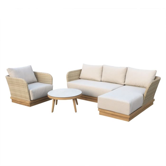 4 Seater Beige Wood Effect Rattan Garden Chaise Sofa Set with Round Coffee Table