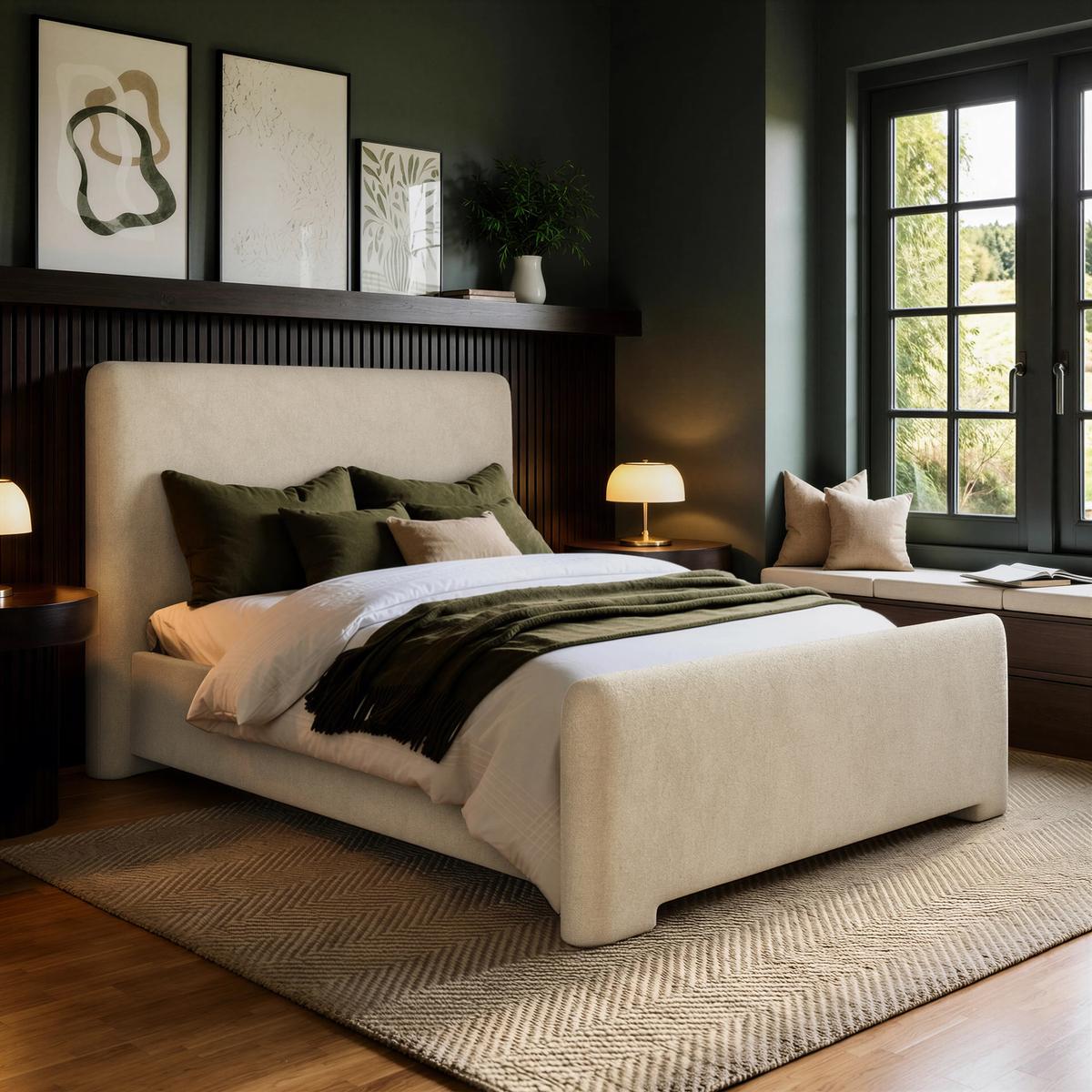 Beige Upholstered Double Ottoman Bed with Soft Curved Headboard and Footboard - Althea image 1