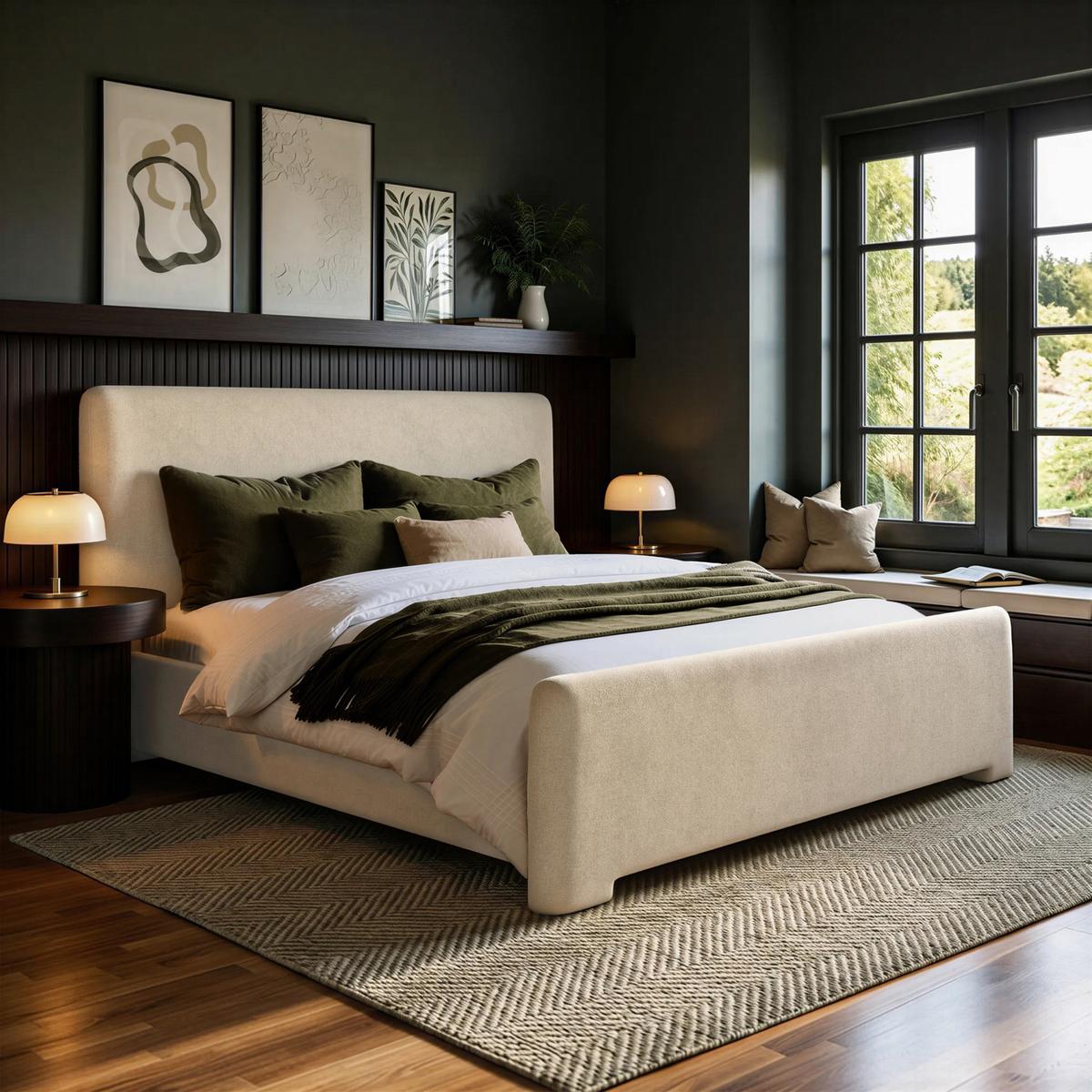 Beige Upholstered Super King Ottoman Bed with Soft Curved Headboard and Footboard - Althea image 1