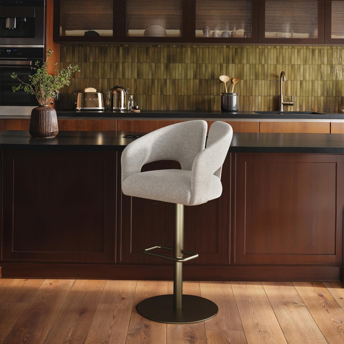 ALMOST PERFECT - Beige Upholstered Adjustable Swivel Bar Stool with Brass Base - Azalea