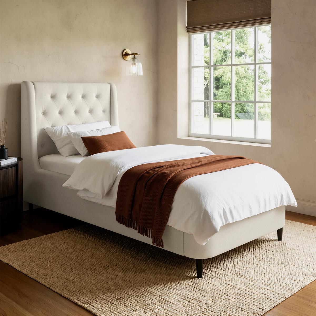 Cream Upholstered Single Ottoman Bed with Legs - Amara image 1