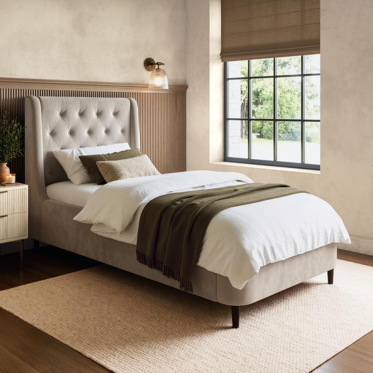 Beige Velvet Single Ottoman Bed With Legs - Amara image 1