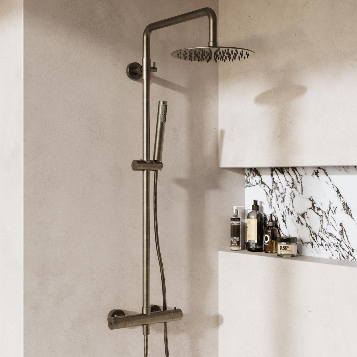 Antique Brass 2 Outlet Thermostatic Bar Mixer Shower Set with Hand Shower - Arissa image 1