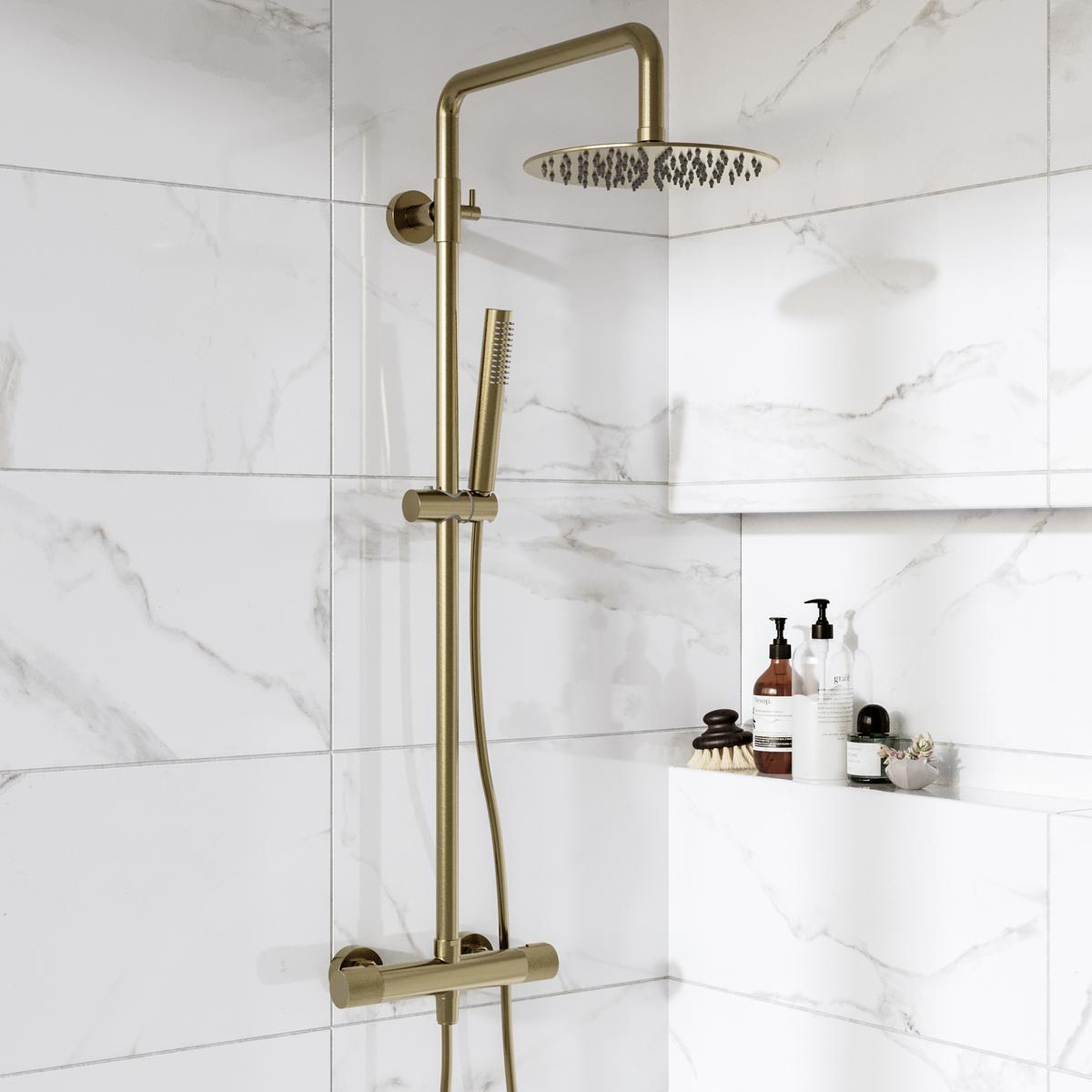 Brushed Brass 2 Outlet Thermostatic Mixer Shower Set With Fluted Handles - Arissa image 1
