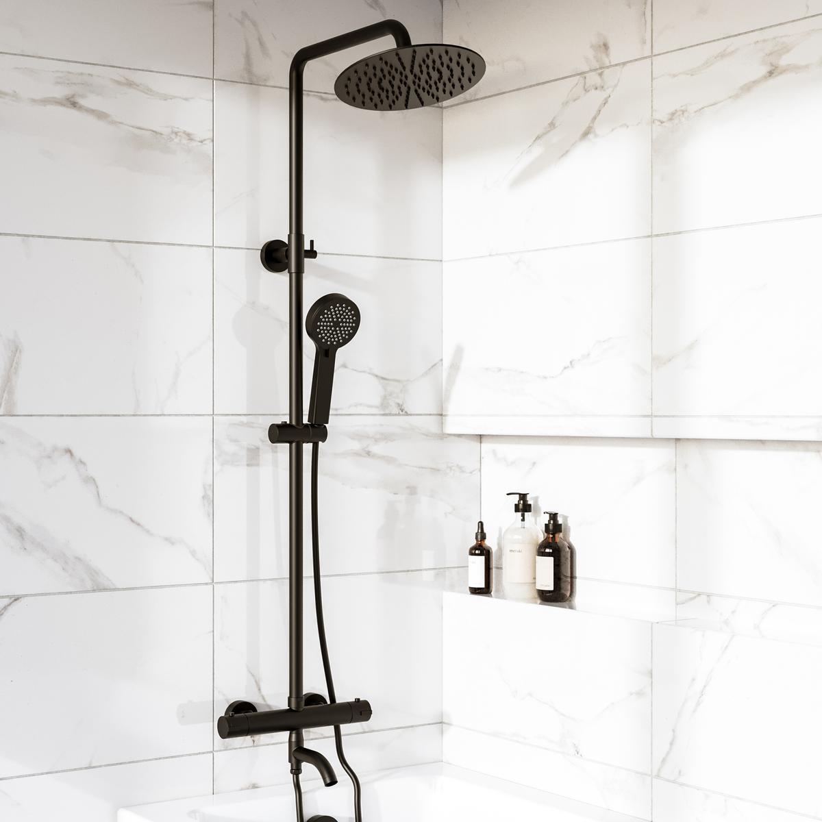 Black 3 Outlet Thermostatic Mixer Shower Set with Bath Filler Spout & Hand Shower - Arissa image 1