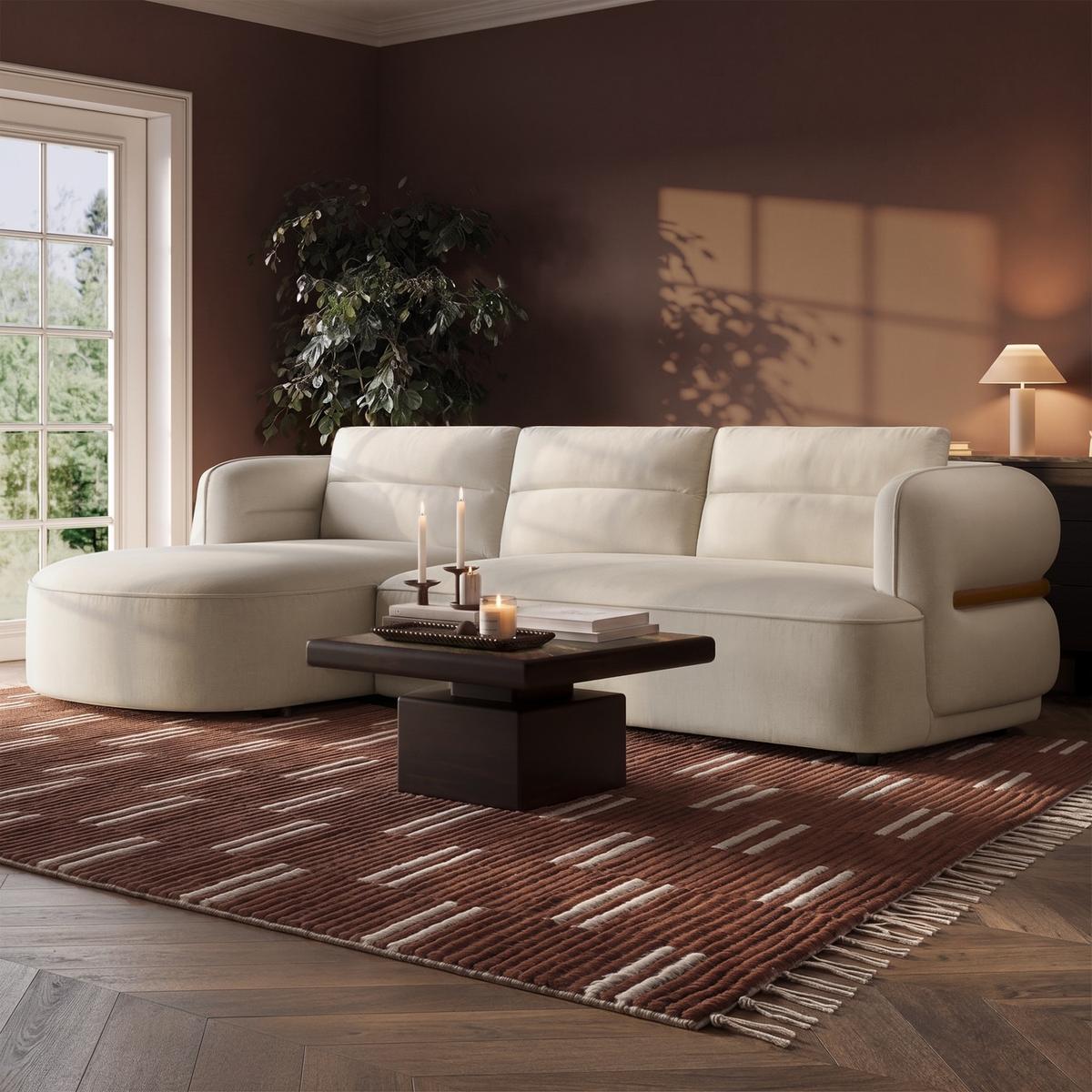 Cream Chenille Walnut Trim 4 Seater Left Hand Chaise Corner Sofa - Bodhi image 1