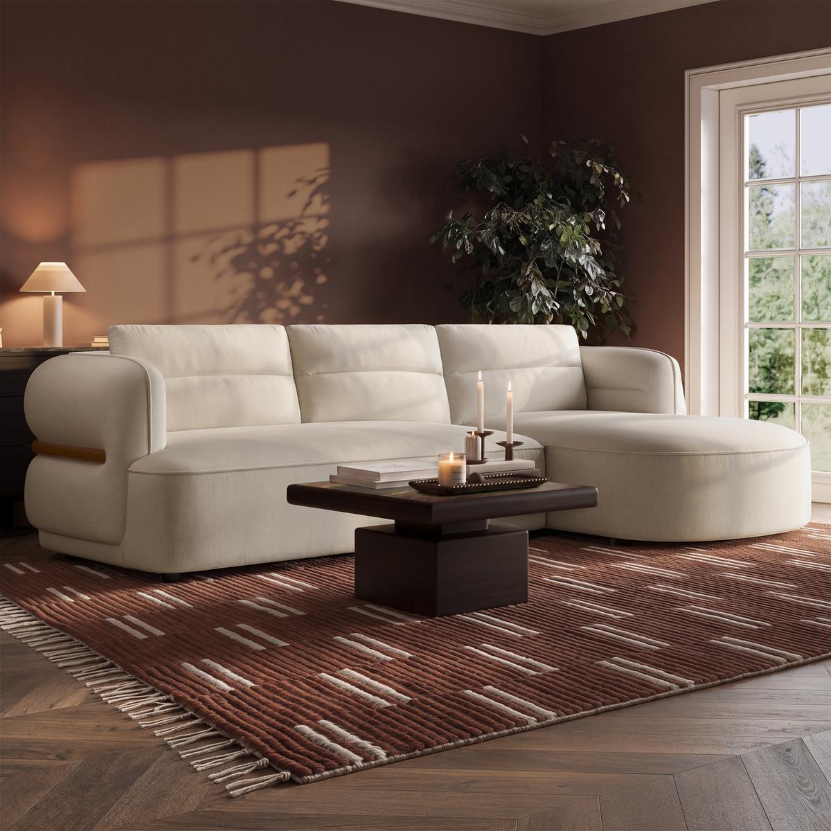 Cream Chenille Walnut Trim 4 Seater Right Hand Chaise Corner Sofa - Bodhi image 1