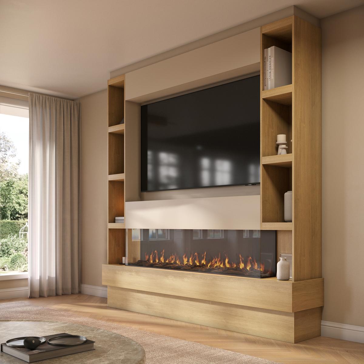 Self Build Oak Media Wall with Black 3-Sided Inset Electric Fireplace with Shelving - 50 Inch - AmberGlo image 1