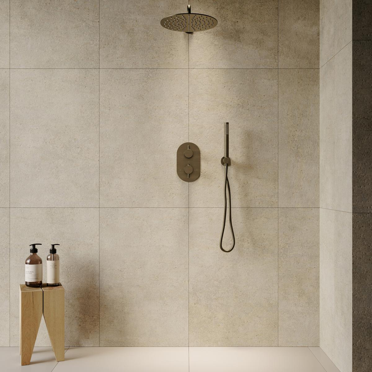Antique Brass 2 Outlet Wall Mounted Thermostatic Mixer Shower Set with Integrated Hand Shower - Arissa image 1