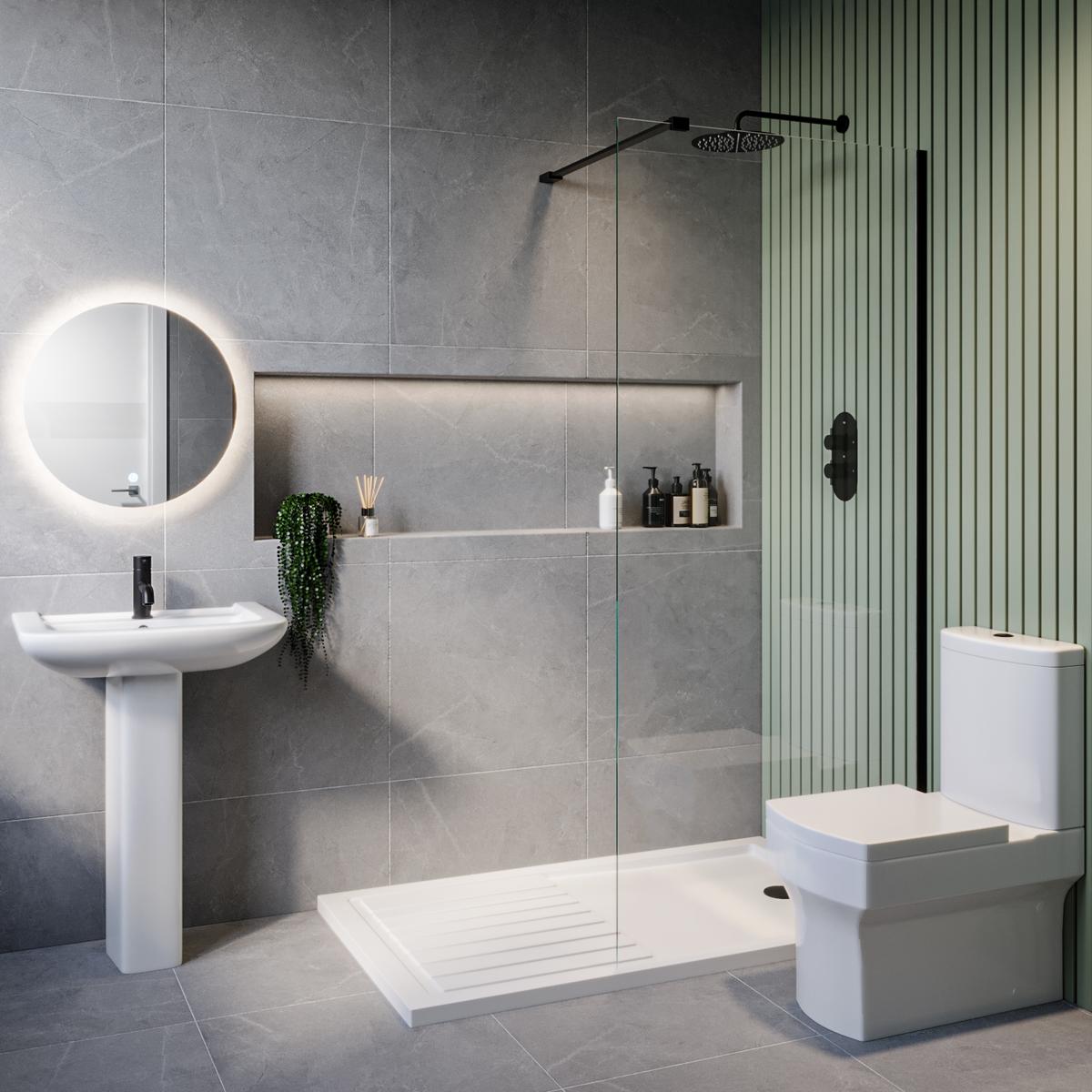 1400 x 800mm Black Walk in Shower Enclosure Suite with Ashford Toilet and Basin image 1